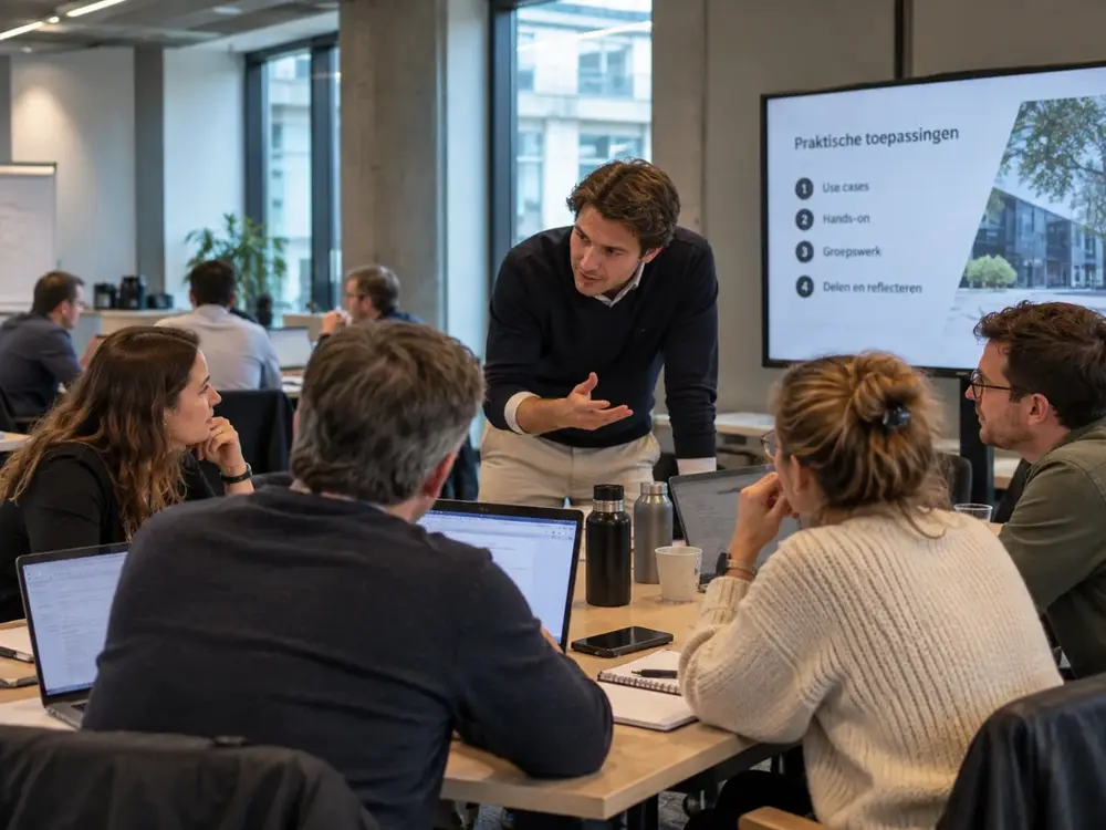 Een begeleider overlegt met een team rond een tafel met laptops